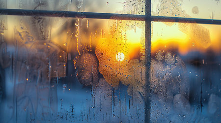 Sunset sky, view through the frozen window glass with hoarfrost drawings, taken in cold weather from inside of the building. Winter Sunrise View Through Frosted Windowの素材