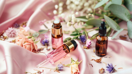 Essential Oil Roller Bottles on Pink Satin with Dried Flowers and Greeneryの素材