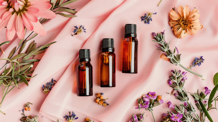 Essential Oil Roller Bottles on Pink Satin with Dried Flowers and Greeneryの素材