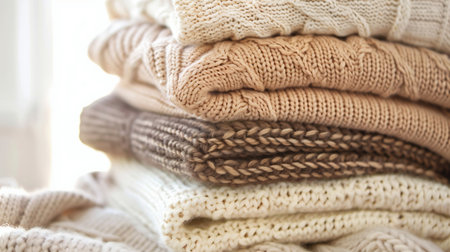 Knitted sweaters pile. Folded Knit Sweaters in Beige Cream and Brownの素材