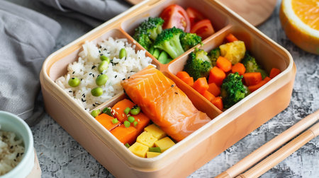 Minimalist Bento Box with Rice, Vegetables and Protein. healthy foodの素材