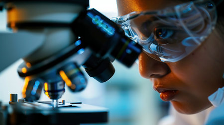 Medical Research and Development Laboratory: Middle Aged Head Scientist Working on Research Project, Looking at a Sample in a Petri Dish Under a Microscope in an Advanced Biotechnology Labの素材