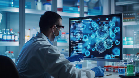 male Scientist Looking On Computer Screen Monitor In Labの素材