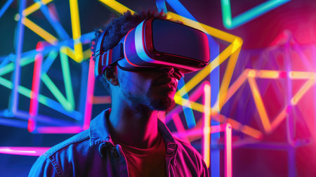 Model young man with beard in glasses of virtual reality. Augmented reality, science, future technology, people concept. VR Futuristic 3d glasses with virtual projection. Neon light.の素材