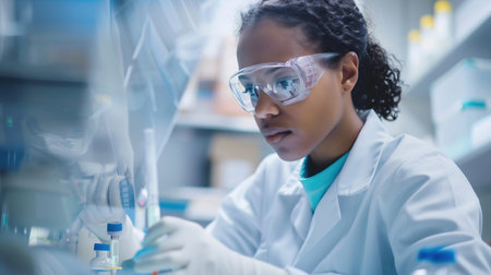 Life scientists researching in laboratory. Focused female life science professional pipetting solution into the glass cuvette. Lens focus on researcher's eyes. Healthcare and biotechnology concept.の素材