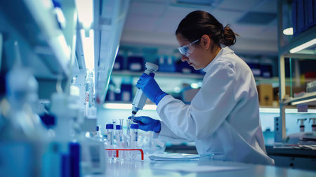 Life scientists researching in laboratory. Focused female life science professional pipetting solution into the glass cuvette. Lens focus on researcher's eyes. Healthcare and biotechnology concept.の素材