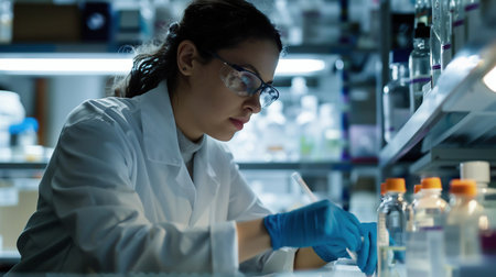 Life scientists researching in laboratory. Focused female life science professional pipetting solution into the glass cuvette. Lens focus on researcher's eyes. Healthcare and biotechnology concept.の素材