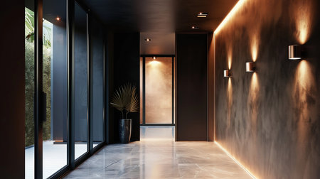 Modern Interior Hallway with Black and Copper Accentsの素材
