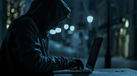 Big financial data theft concept. An anonymous hacker is hacking highly-protected financial data through computers.の素材