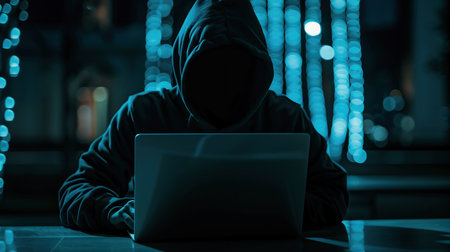 Big financial data theft concept. An anonymous hacker is hacking highly-protected financial data through computers.の素材