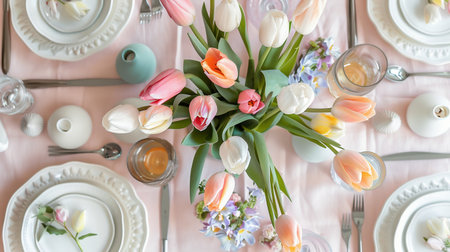 Easter holiday decorations with eggs and easter eggs decor on wooden table. Pastel Easter Table Setting with Tulip Centerpieceの素材