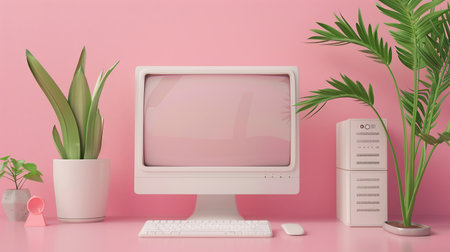 Pastel Pink Home Office Workspace with Retro Computer and Lush Greeneryの素材