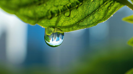 Cityscape Reflected in a Water Droplet on a Green Leaf. A tranquil scene capturing the essence of a rainy dayの素材