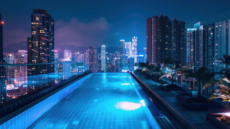 Modern Highrise Building Rooftop Infinity Pool at Night. Tiki torches at a rooftop pool and downtown skyline with the Frost Bank Tower from The Westin hotel at sunsetの素材