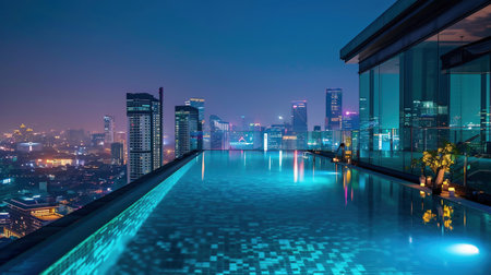 Modern Highrise Building Rooftop Infinity Pool at Night. Tiki torches at a rooftop pool and downtown skyline with the Frost Bank Tower from The Westin hotel at sunsetの素材