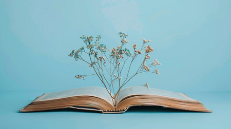 Opened old book on dry flower background. Open Book with Dried Flowers on Blue Backgroundの素材