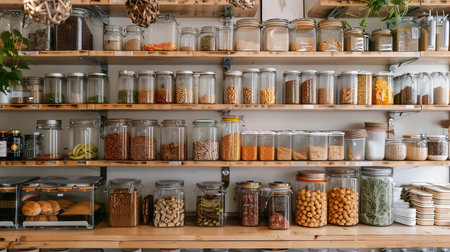 Zero Waste Grocery Display With Variety Of Food In Transparent Reusable Containers On Wooden Shelves And Counterの素材