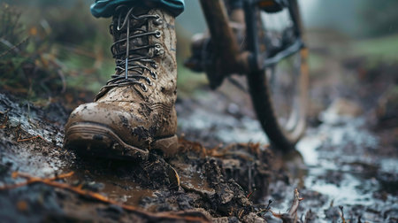 Close-up of Muddy dirty Boots and Bicycle Outdoorsの素材