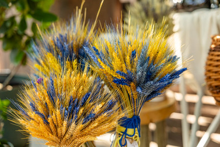 a bouquet of yellow and blue spikelets, as a symbol of the Ukrainian flag. Decorの写真素材