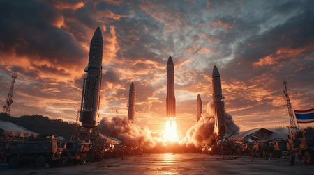 Missiles against the sunset with Thailand flagの素材