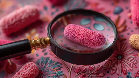 Probiotics under magnifying glass. Probiotics for immunity. Human microbiome concept.の素材