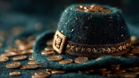 St. Patrick's Day Symbols. A festive setup with gold, leprechaun hat, horseshoe, and shamrocks. Leprechaun hat with gold coins on green background.の素材