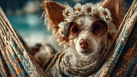 Funny little dog on vacation in hammock. Funny dog on vacation in hammock with sunglasses head,and flowers. Hippie dog resting outdoorsの素材