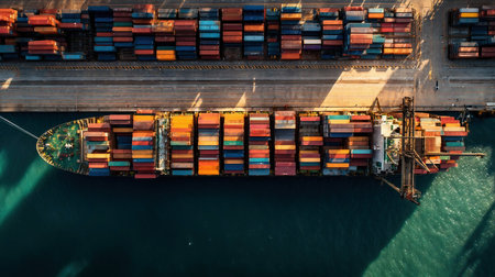 Container ship at port blocked by US tariff tape. Trade restrictions, import export disruption, economic sanctions. Supply chain challenge, international trade barrier. Geopolitics, logisticsの素材