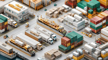 Isometric global cargo logistic website background design. Maritime, air shipping transport logistic, warehouse storage concept, export, import, trading, cargo international delivery, distribution.の素材
