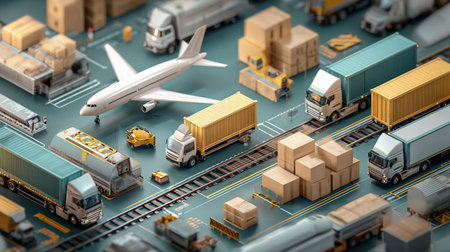 Global cargo logistic business. Fast air shipping, railway, freight trucks, cargo van transport logistics import, export, trading, cargo international delivery, distribution isometricの素材