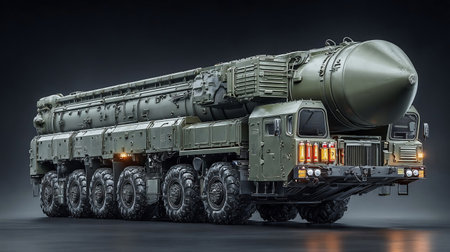 Ballistic missile launcher mobile system with a warhead. Heavy military vehicle illustration. A weapon of mass destruction, military intervention, war crisis, danger of a nuclear attack, rocketの素材