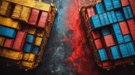 United States and China import export trade war concept. Cargo containers ships collision as USA vs China business finance economic trade tension conflict and America China trade deficit symbolの素材