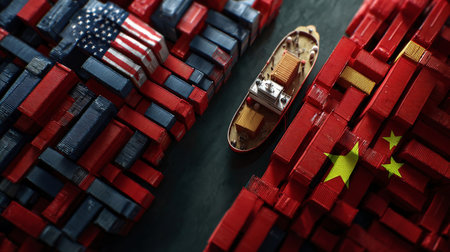 United States and China import export trade war concept. Cargo containers ships collision as USA vs China business finance economic trade tension conflict and America China trade deficit symbolの素材
