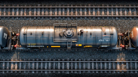 Railroad petroleum tank car on track. Freight train liquid transport wagons with crude oil, gas, petrol, diesel fuel tankers on the rails. Cargo railway logistics, shipping industry, transportationの素材