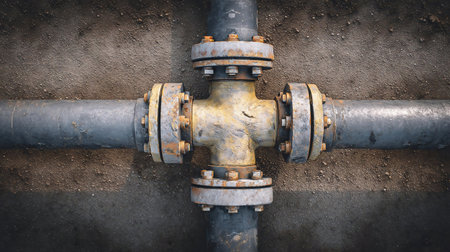 Fuel gas pipeline with a knot. Russia Ukraine war, transit business crisis, energy embargo conflict, oil import export from the fuel trade market restrictions. EU, USA industrial economic sanctionsの素材