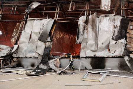 A firefighter puts out a burning warehouse. . close up.