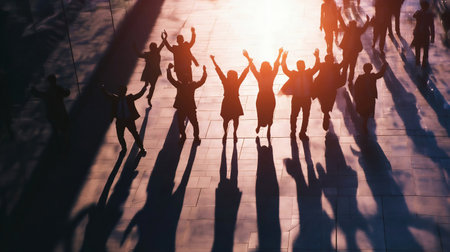 Business People Hands Raised Rooftop Success Concept. Silhouettes of Celebrating Business People in Cityscape, high resolution, overhead shot, professional food photography, natural light, minimal shadows --ar 16:9の素材