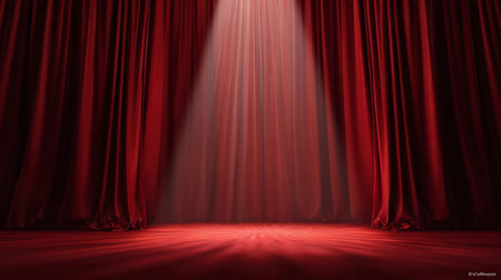 Big event red curtains with spotlight. Open the curtain for a stage performance with spotlight Theater. Nightclub or cabaret show. Presentation of a classic and luxurious work with performing arts.の素材