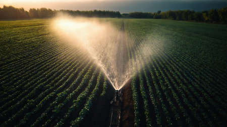 Organic vegetable farm. Water sprinkler irrigating field. Drip irrigation system. Crop irrigation. Agriculture and farming. Irrigation system watering agricultural field in countryside. Fieldworkの素材