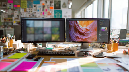 Blurred background of a vibrant creative workspace featuring dual monitors, colorful stationery, and an inspiring wall, perfect for graphic design, digital projects, and artistic development.の素材