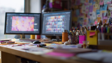 Blurred background of a vibrant creative workspace featuring dual monitors, colorful stationery, and an inspiring wall, perfect for graphic design, digital projects, and artistic development.の素材