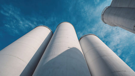 Two tall gray industrial chimneys rise against a clear blue sky. One gently releases a small puff of white smoke. Scene highlights industry and the importance of environmental considerations.の素材