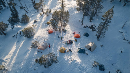 Snowy Campsite at Sunrise with Tents and Hikers in the Scene. Tourism, camping, recreation and beauty of nature concept.の素材