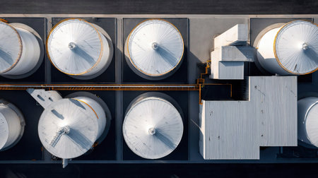 Aerial view oil storage tank at oil and gas refinery industrial zone, Business industrial storage tank oil and gas refinery, Oil storage tank business energy logistic and transportation refinery.の素材