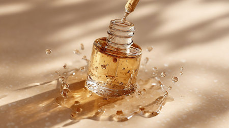 Puddle of cosmetic face serum or oil texture with dropper, cosmetic laboratory conceptの素材
