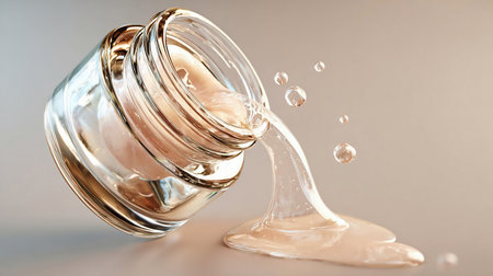 Transparent glass jar tipped over with cosmetic product pouring out, clarity of the liquidの素材