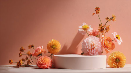 light beige marble stone podium stand for cosmetics and product display on abstract beige background with flowers. Flower decoration product presentation background with podiumの素材