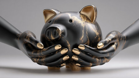 save money concept. Black and gold abstract hands and piggy bank 3dの素材