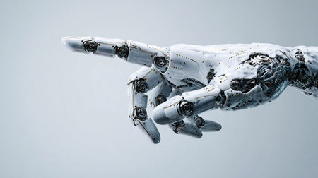 Index finger of abstract artificial intelligence hand, reality and metaverse concept.の素材