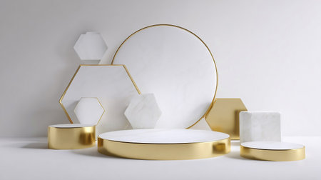 White and gold geometric product display background 3d rendering. Object placement podium platform mockupの素材